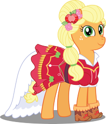 Size: 4780x5622 | Tagged: safe, artist:sugar-loop, applejack, earth pony, pony, equestria girls, legend of everfree, absurd resolution, alternate hairstyle, clothes, crystal gala, dress, equestria girls outfit, freckles, gala dress, looking at you, simple background, smiling, solo, transparent background, vector