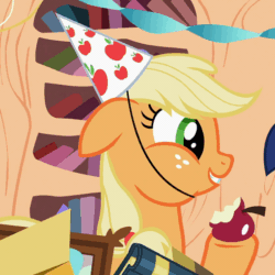 Size: 510x510 | Tagged: safe, screencap, applejack, earth pony, pony, unicorn, secret of my excess, animated, apple, aweeg*, chubby cheeks, cropped, cute, female, floppy ears, food, gif, happy, hat, jackabetes, mare, party hat, puffy cheeks, smiling, solo focus, that pony sure does love apples