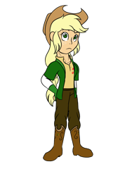 Size: 1024x1365 | Tagged: safe, artist:yogfan, applejack, human, boots, clothes, humanized, pants, simple background, solo, transparent background