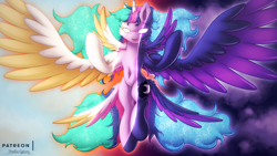 Size: 2880x1620 | Tagged: safe, artist:shad0w-galaxy, princess celestia, princess luna, twilight sparkle, twilight sparkle (alicorn), alicorn, pony, seraph, seraphicorn, butt wings, female, fusion, glowing eyes, mare, multiple wings, royal sisters, smiling, wings