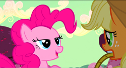 Size: 1360x730 | Tagged: safe, screencap, applejack, pinkie pie, earth pony, pony, the last roundup, basket, lidded eyes, mouth hold, scared