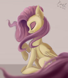 Size: 2200x2538 | Tagged: safe, artist:foughtdragon01, fluttershy, pegasus, pony, eyes closed, female, happy, high res, mare, signature, sitting, smiling, solo, speedpaint, windswept mane, wings