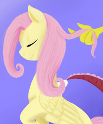 Size: 1000x1200 | Tagged: safe, artist:jagga-chan, discord, fluttershy, pegasus, pony, blue background, eyes closed, simple background, solo focus