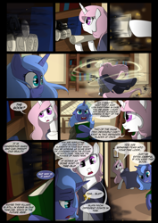 Size: 1240x1754 | Tagged: safe, artist:lunarcakez, princess celestia, princess luna, alicorn, pony, comic:the origins of hollow shades, book, cloak, clothes, comic, magic, pink-mane celestia, s1 luna, scroll