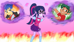 Size: 8140x4595 | Tagged: safe, artist:remcmaximus, flash sentry, sci-twi, timber spruce, twilight sparkle, equestria girls, legend of everfree, absurd resolution, bowtie, clothes, female, flashlight, glasses, hair pulling, heart, indecision, male, shipping, skirt, socks, straight, timbertwi