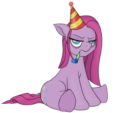 Size: 2610x2414 | Tagged: safe, artist:underwoodart, pinkie pie, pony, hat, high res, party hat, party horn, pinkamena diane pie, simple background, sitting, solo, transparent background