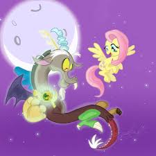 Size: 225x225 | Tagged: safe, artist:gembutterfly, discord, fluttershy, draconequus, pegasus, pony, flying, moon