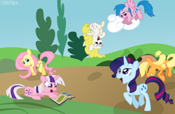 Size: 900x591 | Tagged: safe, artist:shutupsprinkles, applejack, firefly, posey, sparkler (g1), surprise, twilight, earth pony, pony, g1, g1 six, g1 to g4, generation leap