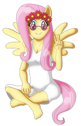 Size: 3257x5015 | Tagged: safe, artist:sergeant16bit, fluttershy, anthro, barefoot, feet, female, floral head wreath, flower, hippie, hippieshy, peace sign, simple background, solo, sunglasses, transparent background, white dress