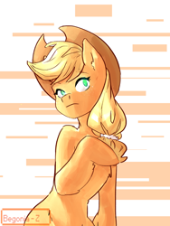 Size: 1280x1703 | Tagged: safe, artist:begonia-z, applejack, earth pony, pony, raised hoof, signature, simple background, solo