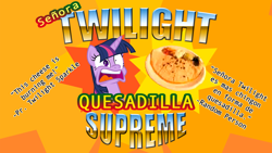 Size: 1920x1080 | Tagged: safe, derpibooru import, twilight sparkle, dr. tran, quesadilla, roybertito's, they're just so cheesy