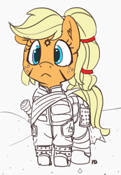 Size: 1280x1854 | Tagged: safe, artist:pabbley, applejack, earth pony, pony, alternate hairstyle, armor, clothes, crossover, dune, fremen, partial color, solo, stillsuit