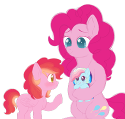 Size: 1469x1399 | Tagged: safe, artist:unoriginai, pinkie pie, oc, oc:party popper, oc:sugar crash, earth pony, pony, ambiguous gender, family, female, intersex, magical lesbian spawn, mother and child, offspring, parent and child, parent:pinkie pie, parent:rainbow dash, parents:pinkiedash, siblings, story included