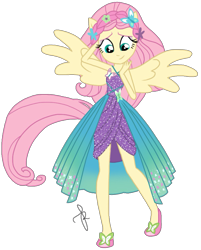 Size: 1648x2048 | Tagged: safe, artist:ilaria122, fluttershy, better together, equestria girls, forgotten friendship, alternate hairstyle, clothes, dress, flower, flower in hair, looking down, ponied up, shoes, simple background, smiling, solo, transparent background