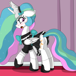 Size: 5000x5000 | Tagged: safe, artist:cuddlelamb, princess celestia, alicorn, pony, blushing, bowtie, butt, clothes, dress, female, floppy ears, maid, mare, plot, revenge, shocked, solo, sunbutt