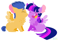 Size: 4728x3232 | Tagged: safe, artist:glitterstar2000, flash sentry, twilight sparkle, twilight sparkle (alicorn), alicorn, pegasus, pony, absurd resolution, blushing, chest fluff, chibi, eyes closed, female, flashlight, laughing, male, open mouth, shipping, simple background, smiling, straight, white background