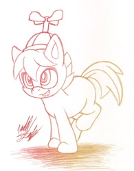 Size: 778x1000 | Tagged: safe, artist:fuzon-s, button mash, earth pony, pony, blank flank, colt, foal, hat, hooves, male, monochrome, open mouth, propeller hat, simple background, sketch, solo, traditional art, white background