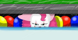 Size: 800x415 | Tagged: safe, artist:ricardop3608, pinkie pie, pony, balloon, crossover, it, pennywise, pinkiewise, rain, solo, storm drain