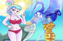 Size: 3200x2100 | Tagged: safe, artist:remcmaximus, princess celestia, princess luna, principal celestia, vice principal luna, shark, between dark and dawn, equestria girls, ass, belly button, bikini, breasts, butt, cleavage, clothes, equestria girls interpretation, hair bun, heart eyes, moonbutt, princess breastia, red swimsuit, scene interpretation, siblings, sisters, striped swimsuit, swimsuit, wingding eyes