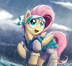 Size: 1925x1760 | Tagged: safe, artist:bugplayer, fluttershy, pegasus, pony, my little pony: the movie, bandage, bloomers, braid, chest fluff, clothes, cute, ear fluff, female, flutterbadass, headband, leg fluff, mare, open mouth, pirate, pirate fluttershy, rain, raised hoof, shirt, shyabetes, signature, solo, warrior, warriorshy