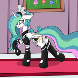 Size: 5000x5000 | Tagged: safe, alternate version, artist:cuddlelamb, princess celestia, queen chrysalis, alicorn, changeling, changeling queen, pony, blushing, bowtie, butt, clothes, disguise, disguised changeling, fangs, female, fetish, floppy ears, green eyes, maid, mare, plot, shocked, solo, sunbutt