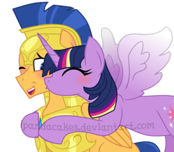 Size: 853x745 | Tagged: safe, artist:ipandacakes, flash sentry, twilight sparkle, twilight sparkle (alicorn), alicorn, pony, armor, female, flashlight, hug, kiss on the cheek, kissing, male, shipping, simple background, straight, transparent background