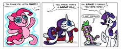 Size: 975x394 | Tagged: safe, artist:gingerfoxy, pinkie pie, rarity, spike, dragon, earth pony, pony, unicorn, pony comic generator, comic, fainting couch, magic, mop, plushie, telekinesis