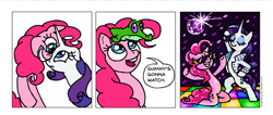 Size: 1005x426 | Tagged: safe, artist:gingerfoxy, gummy, pinkie pie, rarity, earth pony, pony, unicorn, pony comic generator, clothes, comic, disco, disco ball, disco dance, sunglasses