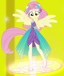 Size: 880x1055 | Tagged: safe, screencap, fluttershy, better together, equestria girls, forgotten friendship, clothes, cropped, female, ponied up, solo, super sentai stance, transformation