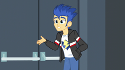 Size: 1280x720 | Tagged: safe, screencap, flash sentry, equestria girls, friendship games, clothes, door, jacket, pants, solo