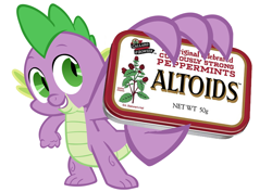 Size: 800x565 | Tagged: safe, spike, dragon, altoids, mints, simple background, vector, white background