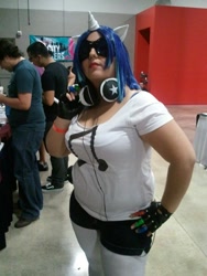 Size: 720x960 | Tagged: safe, artist:sushistarbomb, dj pon-3, vinyl scratch, human, 2012, clothes, convention, cosplay, fingerless gloves, florida supercon, florida supercon 2012, gloves, headphones, irl, irl human, photo