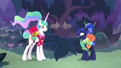 Size: 1920x1080 | Tagged: safe, screencap, princess celestia, princess luna, alicorn, pony, between dark and dawn, alternate hairstyle, backpack, clothes, hawaiian shirt, shirt