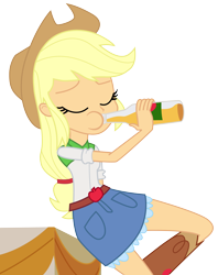 Size: 10000x12650 | Tagged: safe, artist:drathvader, applejack, equestria girls, equestria girls (movie), absurd resolution, apple cider, boots, bottle, clothes, cowboy boots, cowboy hat, denim skirt, drinking, eyes closed, female, hat, simple background, skirt, solo, stetson, table, transparent background, vector