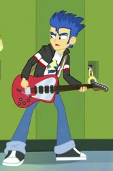 Size: 387x584 | Tagged: safe, screencap, brawly beats, flash sentry, equestria girls, rainbow rocks, clothes, electric guitar, guitar, jacket, lockers, pants, shoes, sneakers