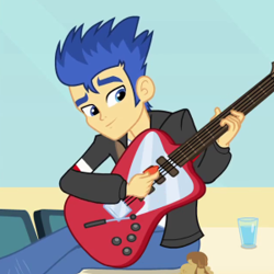 Size: 300x300 | Tagged: safe, screencap, flash sentry, equestria girls, apple fritter (food), clothes, cup, electric guitar, food, glass of water, guitar, helping twilight win the crown, jacket, pants