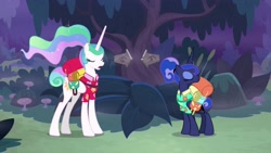 Size: 1920x1080 | Tagged: safe, screencap, princess celestia, princess luna, alicorn, pony, between dark and dawn, alternate hairstyle, backpack, clothes, hawaiian shirt, shirt