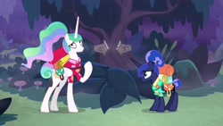 Size: 1920x1080 | Tagged: safe, screencap, princess celestia, princess luna, alicorn, pony, between dark and dawn, alternate hairstyle, backpack, clothes, hawaiian shirt, shirt