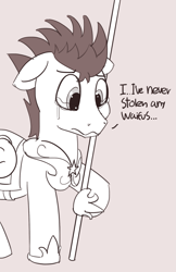 Size: 1243x1920 | Tagged: safe, artist:pabbley, flash sentry, pony, armor, crying, dialogue, monochrome, simple background, solo, spear, wavy mouth, weapon