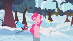 Size: 3840x2160 | Tagged: safe, artist:perplexedpegasus, pinkie pie, earth pony, pony, cutie mark, party cannon, snow, solo, tree, winter