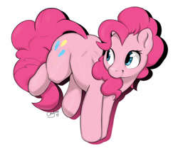 Size: 1500x1280 | Tagged: safe, artist:cewljoke, pinkie pie, earth pony, pony, ass up, cute, diapinkes, female, looking back, mare, simple background, smiling, solo, white background