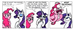 Size: 969x387 | Tagged: safe, artist:gingerfoxy, pinkie pie, rarity, earth pony, pony, unicorn, pony comic generator, comic