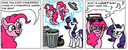 Size: 1459x579 | Tagged: safe, artist:gingerfoxy, pinkie pie, rarity, earth pony, pony, unicorn, pony comic generator, abuse, boombox, boombox serenade, comic, crying, haddaway, into the trash it goes, magic, movie reference, pinkiebuse, radio, say anything, serenade, song reference, spongebob squarepants, telekinesis, trash, trash can, tv reference, what is love