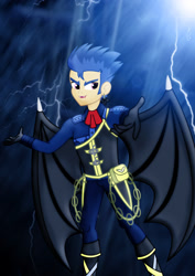 Size: 1600x2263 | Tagged: safe, artist:jucamovi1992, flash sentry, vampire, equestria girls, bat wings, blood, boots, clothes, ear piercing, earring, fangs, gloves, jabot, jewelry, lightning, looking at you, piercing, purple eyes, rain, solo, species swap