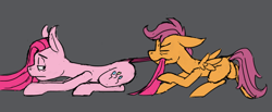 Size: 1280x526 | Tagged: safe, artist:pinkamenadianepi, pinkie pie, scootaloo, earth pony, pony, mouth hold, pinkamena diane pie, simple background, tail, tail pull, tired