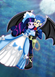 Size: 1600x2263 | Tagged: safe, artist:jucamovi1992, flash sentry, twilight sparkle, vampire, equestria girls, bat wings, blushing, boots, clothes, dress, ear piercing, earring, fangs, female, flashlight, gloves, jewelry, looking at you, male, moon, piercing, purple eyes, shipping, species swap, straight