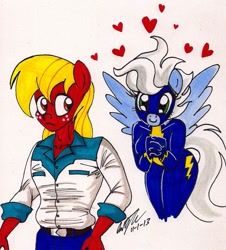 Size: 1303x1439 | Tagged: safe, artist:newyorkx3, idw, big macintosh, fleetfoot, anthro, earth pony, pegasus, female, fleetmac, heart, male, shipping, straight, traditional art, wonderbolts, wonderbolts uniform