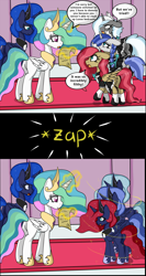 Size: 2657x5000 | Tagged: safe, artist:cuddlelamb, princess celestia, princess luna, oc, oc:swift sweep, alicorn, pony, clothes, comic, maid, transformation, trollestia, twinning