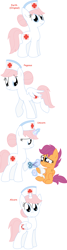 Size: 1448x5420 | Tagged: safe, artist:pupster0071, nurse redheart, scootaloo, alicorn, pegasus, pony, unicorn, alicornified, all pony races, bandage, crying, injured, race swap, scissors, simple background, white background