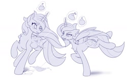 Size: 1600x1010 | Tagged: safe, artist:dstears, princess celestia, princess luna, alicorn, pony, cheek fluff, chest fluff, duo, ear fluff, female, leg fluff, mare, monochrome, royal sisters, siblings, sisters, smiling, style emulation, water balloon